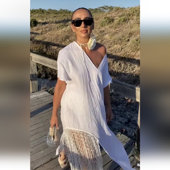 Zara 100% linen fringed macrame white dress Size M - Picture 5 of 17